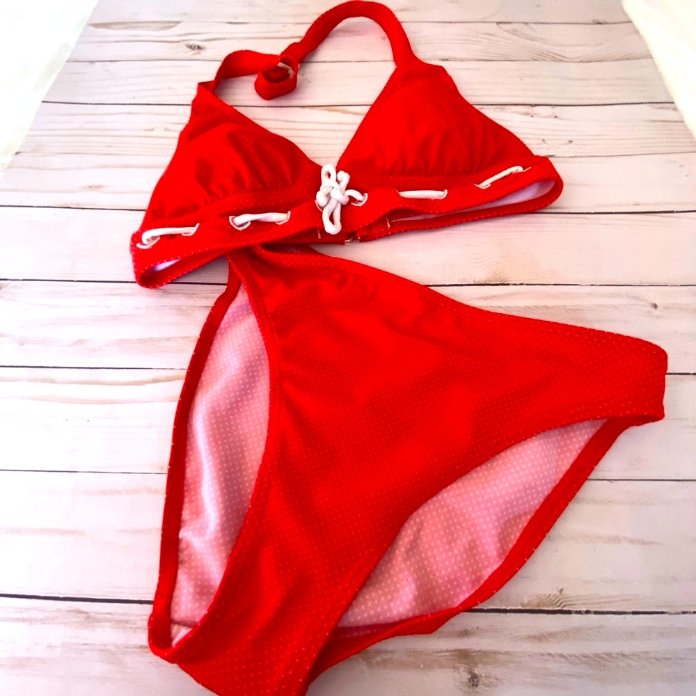 Adorable Nautical Red Polka Dot Bikini, size Small W/removable cups.